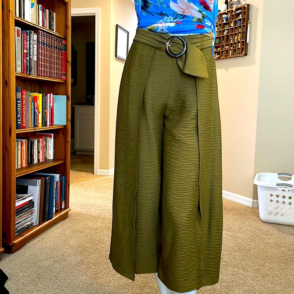 Joie Mairead Olive Green Textured High Waist Belted Wide Leg Culotte Pants 8
